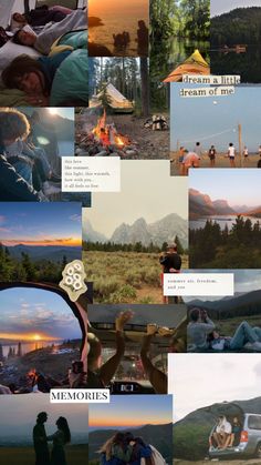 a collage of photos with people sitting around the campfire and mountains in the background