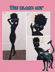 the black cat costume is shown in four different poses