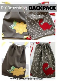 three pictures of drawstring bags with apples and hearts on the front, one in grey