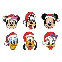 mickey mouse and donald duck christmas faces with santa hats on their heads, set of six