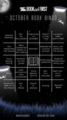 Vampire romance, Set on Halloween, Published in October, “Night” in the title, Leftover from Sept’s TBR, You predicted the ending, Main character works in art world, Mystery, Horror by a Latinx author, Skull or bones on the cover, TItle begins with C, Pumpkin cover, Unreliable narrator, Hades & Persephone retelling, Witch, Past catches up with character, Title begins with O, Set at a college, Kept you up at night, Share Oct TBR pic in the forum, Set in Maine, Cover is orange, Aliens, Banned Book October Reading Bingo, October Reading, October Books, Reading Goals