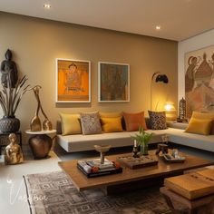 a living room filled with lots of furniture and art on the wall above it's coffee table