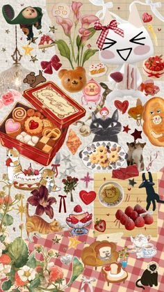 a collage of many different items on a checkered tablecloth with cats and dogs