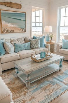 the living room is clean and ready to be used for relaxing time on the beach