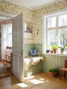 an open door leading into a room with green walls and wooden floors, potted plants on the window sill