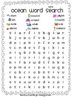 an ocean word search is shown in this printable worksheet for the classroom