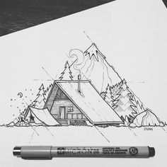 a drawing of a cabin in the mountains with a pencil on it and a pen next to it