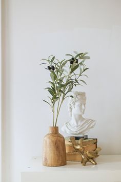 there is a vase with some plants in it on the shelf next to a book