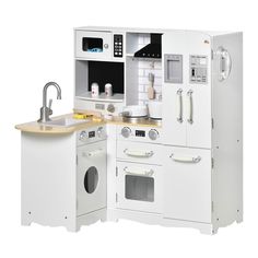 a white toy kitchen with sink, oven and microwave