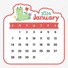 the calendar for january is shown in red and green, with a cute frog on it