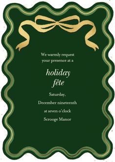 a holiday party card with a ribbon on the front and green border, in gold foil