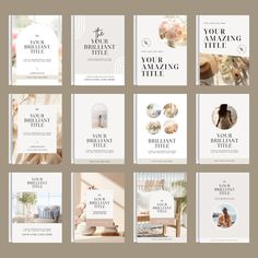 a set of brochures with different images and text on them, all in white