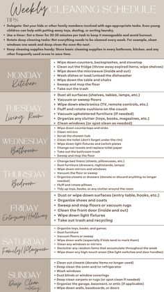 Weekly schedule and cleaning break down for every room in your house. Cleaning schedule is broken down by week day and room type. You can customize it to fit your needs. Weekly Family Fun Schedule, Housewife To Do List, Weekly Cleaning Schedule For Working Mom, Sahm Cleaning Schedule, Weekly Routine Ideas, Daily Cleaning Schedule Printable Free, Roommate Cleaning Schedule, Cleaning House Schedule, Housewife Schedule