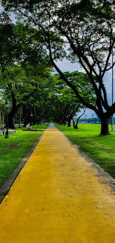 a long yellow path in the middle of a park