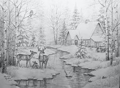 a pencil drawing of two deer by a stream in the woods with houses and trees