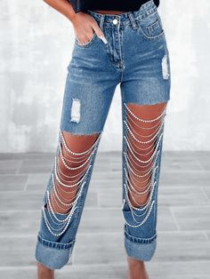 Denim Blue Big Ripped Jeans, Jeans Chain, Cut Out Jeans, Ripped Jeans Women, Denim Street Style, Fringe Jeans, All Jeans, Denim Patterns, High Waist Fashion