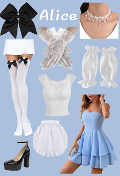 the collage shows different types of clothing and accessories, including stockings, bras, gloves, shoes, dresses, socks, and necklaces