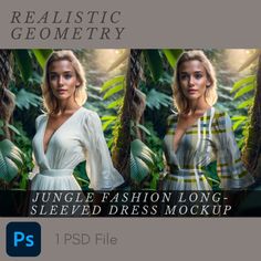 three beautiful women in white dresses standing next to each other with the words jungle fashion long sleeved dress mockup psd file