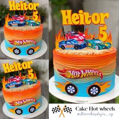 a birthday cake with hot wheels on top and the number 5 in flames behind it