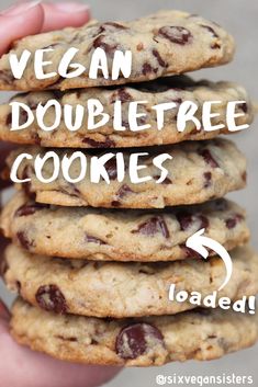 vegan chocolate chip cookies stacked on top of each other with the words vegan doubletree cookies below