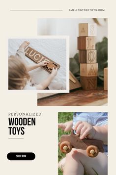 the wooden toys are being displayed in this page for children to learn how to use them