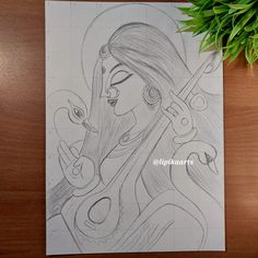 Drawing Series Ideas, Art Sketches Pencil Creative Artworks, Saraswati Devi Drawing, Maa Saraswati Drawing, Devi Drawing, Saraswati Drawing, God Drawing, Pencil Drawing Images