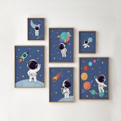 four framed pictures of astronauts in outer space