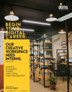 an advertisement for a digital career center with yellow and black lettering on the wall, along with bookshelves