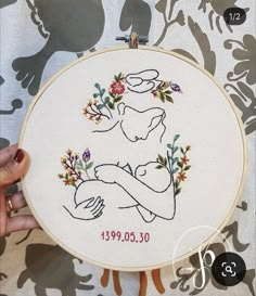 someone is holding up a cross - stitch hoop with the image of a mother and child