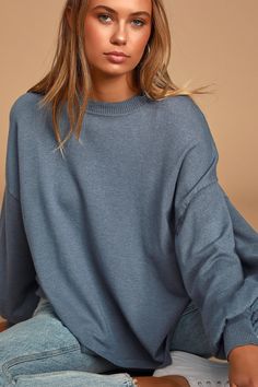 Cute Slate Blue Sweater - Oversized Sweater - Blue Sweater Top - Lulus Dusty Blue Sweater Outfit, Slouchy Sweater Outfits, Trendy Cardigans, Cutout Sweater, Oversized Turtleneck Sweater, Fall Tops, Dolman Sleeve Sweater, Slouchy Sweater, Fashion Goals