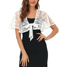 An elegant shrug with flowy trim offers a charming look for day or night. This lace floral cardigan features a ruffle hem and cropped fit, perfectly covered up with sleeveless dresses for a wedding/evening look. Suitable for casual, work, dates, weddings, evening parties, cocktails, nights out, and daily wear. Modern and elegant, this cardigan style with softly lace fabric. A must-have in your clothing wardrobe, the bolero has ruffle sleeves, a ruffle hem, and a semi-sheer design, and finished w White Party Shrug For Spring, Spring Party Lace Shrug, Spring Party Shrug With Lace Trim, Spring Lace Shrug With Lace Sleeves, Elegant Shrug, Dresses For A Wedding, Short Sleeve Shrug, Shrug Top, Clothing Wardrobe