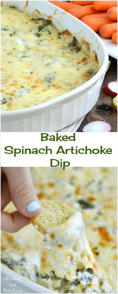 baked spinach artichoke dip in a white casserole dish