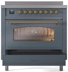 an oven with two burners on the front and one door open to show it's cooking area