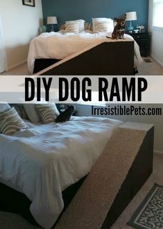 two pictures with the words diy dog ramp in front of them and an image of a bed