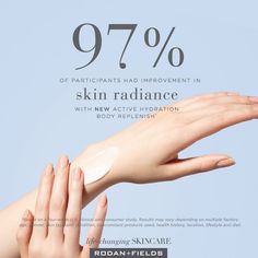 a woman's hand holding up a cream on her face with the text 9 7 %