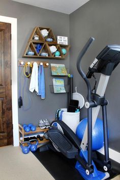 a home gym with exercise equipment and accessories