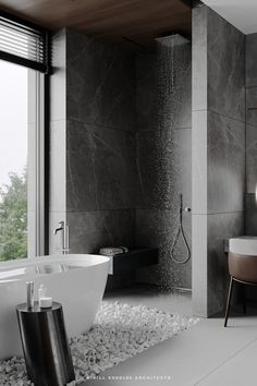 a bathroom with a large window and a bathtub