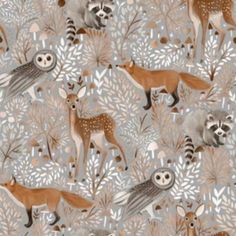 an animal themed wallpaper with deers and other animals in the woods on grey background