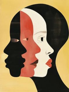 an image of two women facing each other on a yellow and black background, with one woman's face partially obscured by another