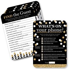 a black and gold party game with the words find the guest, what's on your phone?