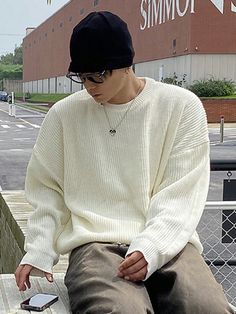 Men's Solid Color Round Neck Long Sleeve Sweater, Autumn Beige   Long Sleeve Knitwear   Slight Stretch Fall Men Clothing, size features are:Bust: ,Length: ,Sleeve Length: Fall Outfits For Men Autumn, Japanese Fall Fashion Men, Men’s Winter Clothes, White Crewneck Outfit Men, Men’s Fall Fashion 2024 Business Casual, Oversized Sweater Outfit Men, Cozy Men Outfit, Autumn Fits Men, Asian Minimalist Fashion