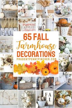 a collage of photos with pumpkins and gourds in them, including the words 65 fall farmhouse decorations