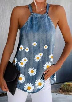 Item #: 500251_1 Package : 1 piece Clothing Length : Regular Material : Polyester Pattern Type : Flowers Print Style : Casual Tops Type : Camis Item Weight : 120.00 gram Item Length : 65.00 CM . Size : S,M,L,XL Återvinna Jeans, Denim Halter Top, Denim Tank Top, Cold Shoulder Shirt, Denim Tank, Denim Flowers, Halter Tank Top, Shoulder Shirts, Printed Denim