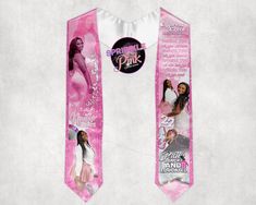 a pink and white neck tie with pictures of women on it's back side