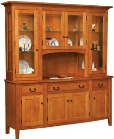 a wooden china cabinet with glass doors