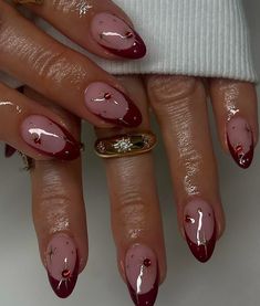 Dark Red Nails Sparkle, Gelx Inspo Nails Winter, Red Chrome Nails Almond French Tip, Red Cat Eye Nail Art, Dark Red Brown Nails, Burgundy Nails Christmas, Red Cat Eye French Tip Nails, Red Wine Acrylic Nails, Wine Christmas Nails