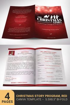 Christmas Story Program Template for Canva, Red White, Church Musical Cantata Order of Service Bulle Christmas Program, Christmas Musical, Bokeh Lights, Order Of Service, Three Wise Men