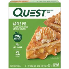 Quest™ Apple Pie Protein Bars provide the flavor of dried apple, with toffee and graham flavored pieces throughout. These delicious bars are topped with a white-chocolate flavored drizzle and have 20g of protein, 4g of net carbs and 2g of sugar per serving*. What”s your Quest? Ours is to support you with delicious, athlete-worthy nutrition. We use only quality ingredients to give you great-tasting food that isn't packed with sugar. So our innovative, protein-forward recipes aren't just for athle Quest Bars, Quest Bar, Protein Snack, Quest Nutrition, Nutrition Bars, Unsweetened Chocolate, Protein Bar