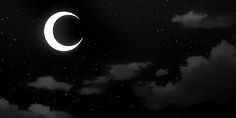 the moon is shining in the night sky with dark clouds and stars around it,