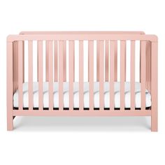 a pink crib with white sheets and pillows on the bottom bed, against a white background